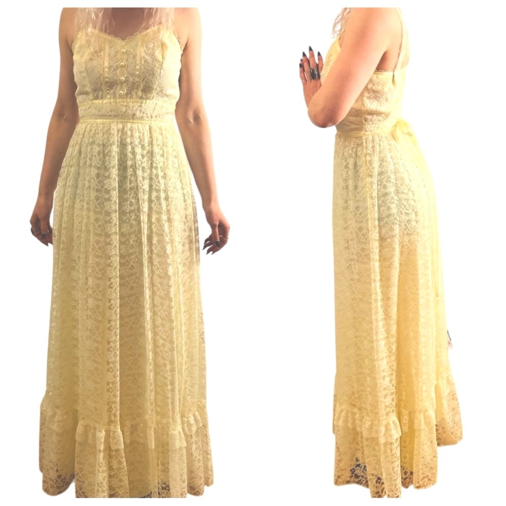 1970’s Pastel Yellow Lace Spring/Sunmer Sleeveless Maxi Dress, Garden Party, S‎